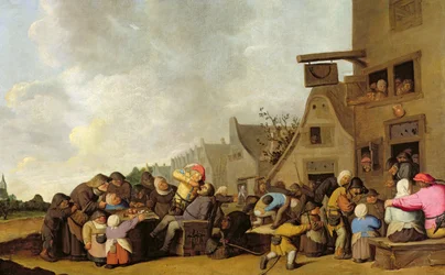 En byscen med en tandläkare som drar tänder och bönder slåss utanför en krog, ca 1630-40
